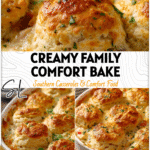 Close-up of a creamy Country Chicken Biscuits Casserole topped with golden biscuits ready to serve.